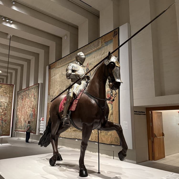 A knight and horse in full tilting armour before Spanish court tapestries
